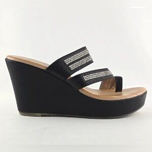 Patrizia Spring Step Glowgaze Black Silver Rhinestone Strap Slip On Wedge Sandal